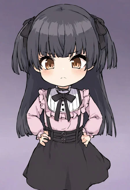 score_4,score_5,score_6,score_7_up,score_8_up,score_9 ((masterpiece,best quality,ultra detailed,highres,HD,4k:1.2)),
1 girl,solo,face focus,
chibi,full body,deformed,| |,
fuyuko mayuzumi, black hair, brown eyes, long hair, two side up,
black bow, black bowtie, black ribbon, black skirt, bow, bowtie, frilled shirt, frills, jirai kei, long sleeves, neck ribbon, pink shirt, ribbon, shirt, skirt, white shirt,
hands on hip,
looking at viewer,from front,front view,front angle,
frown,blush,closed mouth,