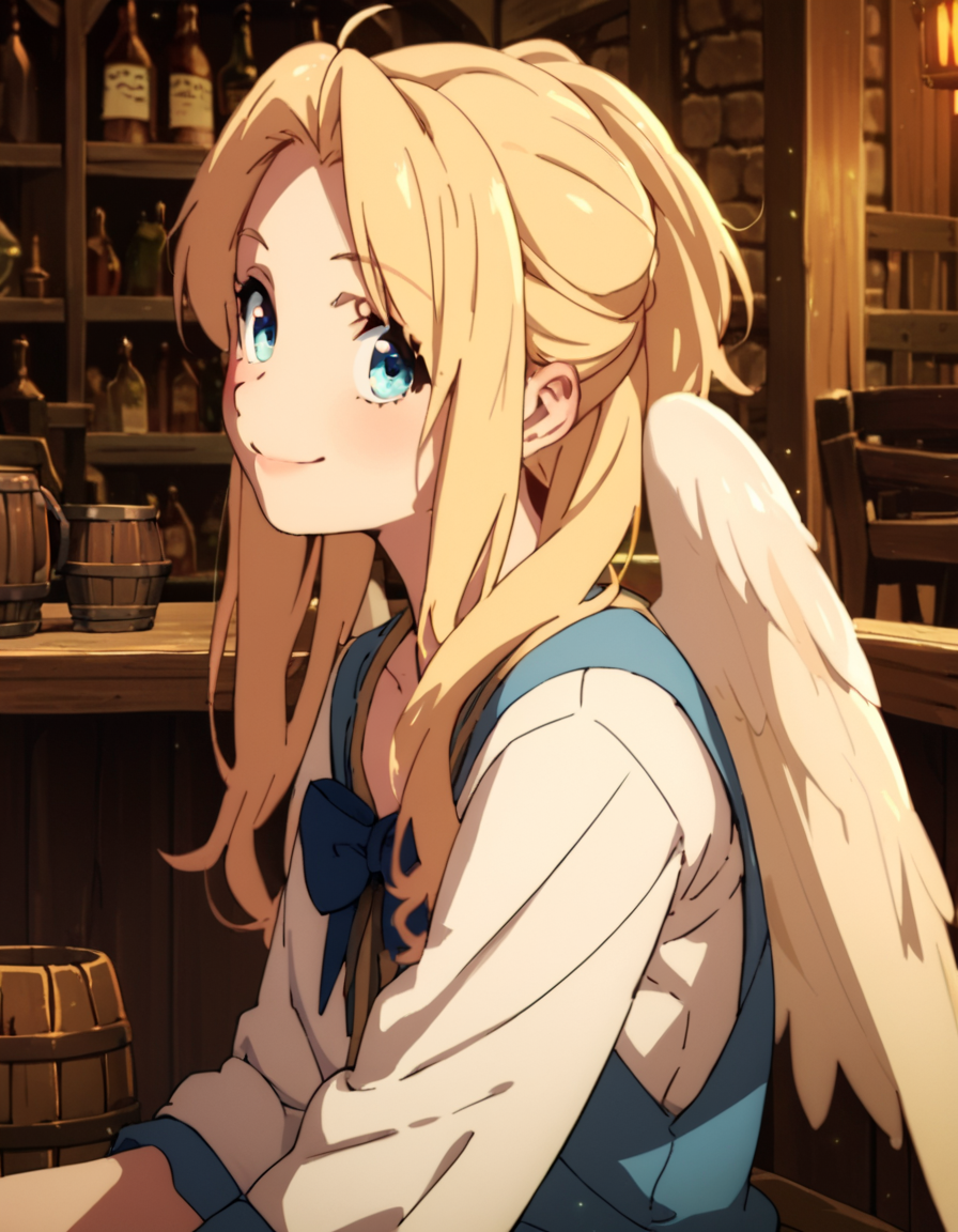 score_9, score_8_up, score_7_up, score_6_up, score_5_up, score_4_up, source_anime,  Firo, blonde hair, bird wings, portrait, sitting, tavern, smile