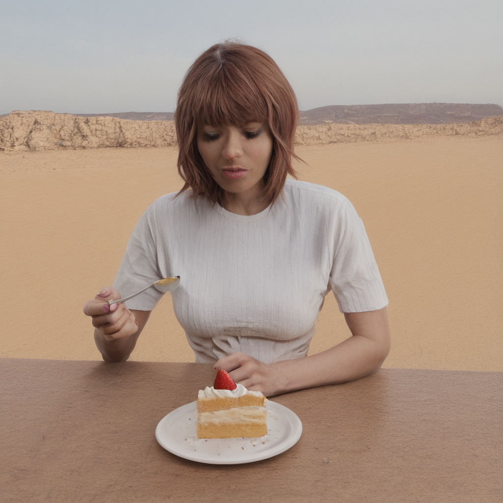 highres, best quality, masterpiece, very aesthetic, newest,source_photo,realistic,cinematic,solo,colorado_(traveling_melody)_(azur_lane) in a desert, dunes, solo, upper body,  plate , cake slice, whipped cream, strawberry, holding spoon , table , looking down,from below ,, <lora:ReallustriousX:1>