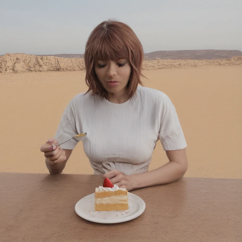 highres, best quality, masterpiece, very aesthetic, newest,source_photo,realistic,cinematic,solo,colorado_(traveling_melody)_(azur_lane) in a desert, dunes, solo, upper body, plate , cake slice, whipped cream, strawberry, holding spoon , table , looking down,from below ,, <lora:ReallustriousX:1>