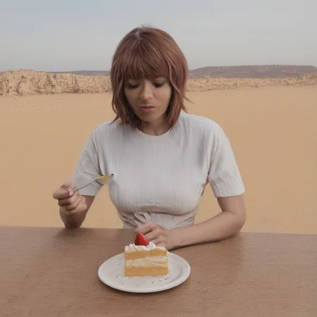 highres, best quality, masterpiece, very aesthetic, newest,source_photo,realistic,cinematic,solo,colorado_(traveling_melody)_(azur_lane) in a desert, dunes, solo, upper body,  plate , cake slice, whipped cream, strawberry, holding spoon , table , looking down,from below ,, <lora:ReallustriousX:1>