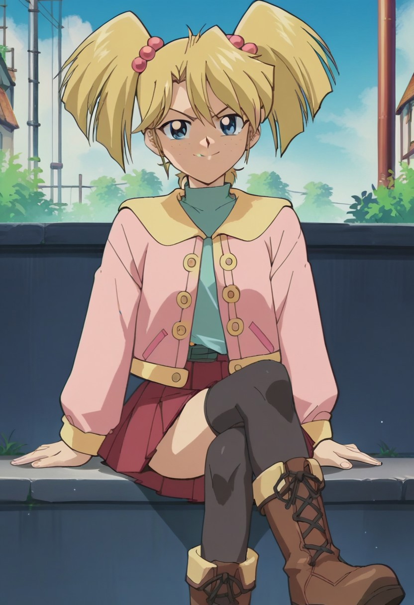 uncensored, score_9__up, score_9, score_8_up, score_8, score_7_up, score_7, score_6_up, score_6, score_5_up, source_anime, anime screencap, anime coloring, highres
smug, sitting, crossed legs, outdoors, 1girl
YGORebecHawki, 1girl, Blonde Hair, freckles, blue eyes, RH1, twintails, hair bobbles, pink coat, long sleeves, green turtleneck, red skirt, pleated skirt, zettai ryouiki, black thighhighs, boots,
