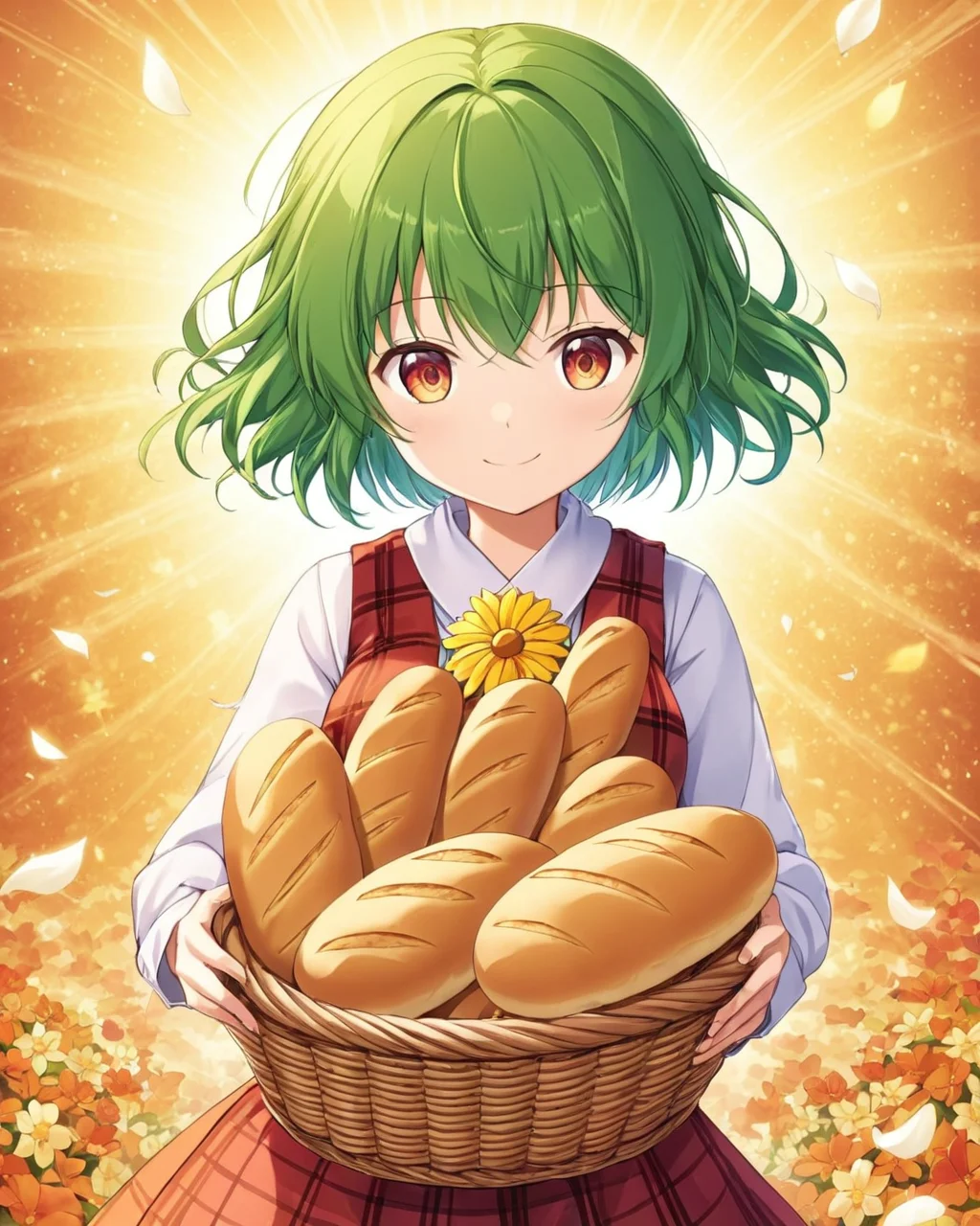 kazami yuuka,1girl, solo, basket, smile, hair_flower, bread, skirt, plaid_vest, petals, head_scarf
<lora:kazami_yuuka_image7582_2023-12-14-000004:1>,star-shaped_pupils,symbol-shaped_pupils,. gorgeous,key visual, vibrant, studio anime,award-winning, professional, highly detailed,high budget, cinemascope