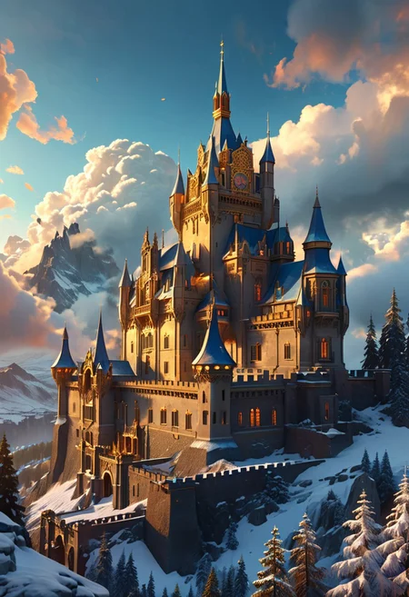 bright colorful, ultra fine detail, swirling clouds, Artstation trending, art nouveau, raytracing, highly detailed and intricate, golden ratio, dark gradient ink with intricate designs, hypermaximalist, luxury, elite, English castle, majestic, defended, snow, ephemeral, opalescenct, labradorite, cinematic, cgsociety : sunbleached, high definiton. mountain, blue skies,