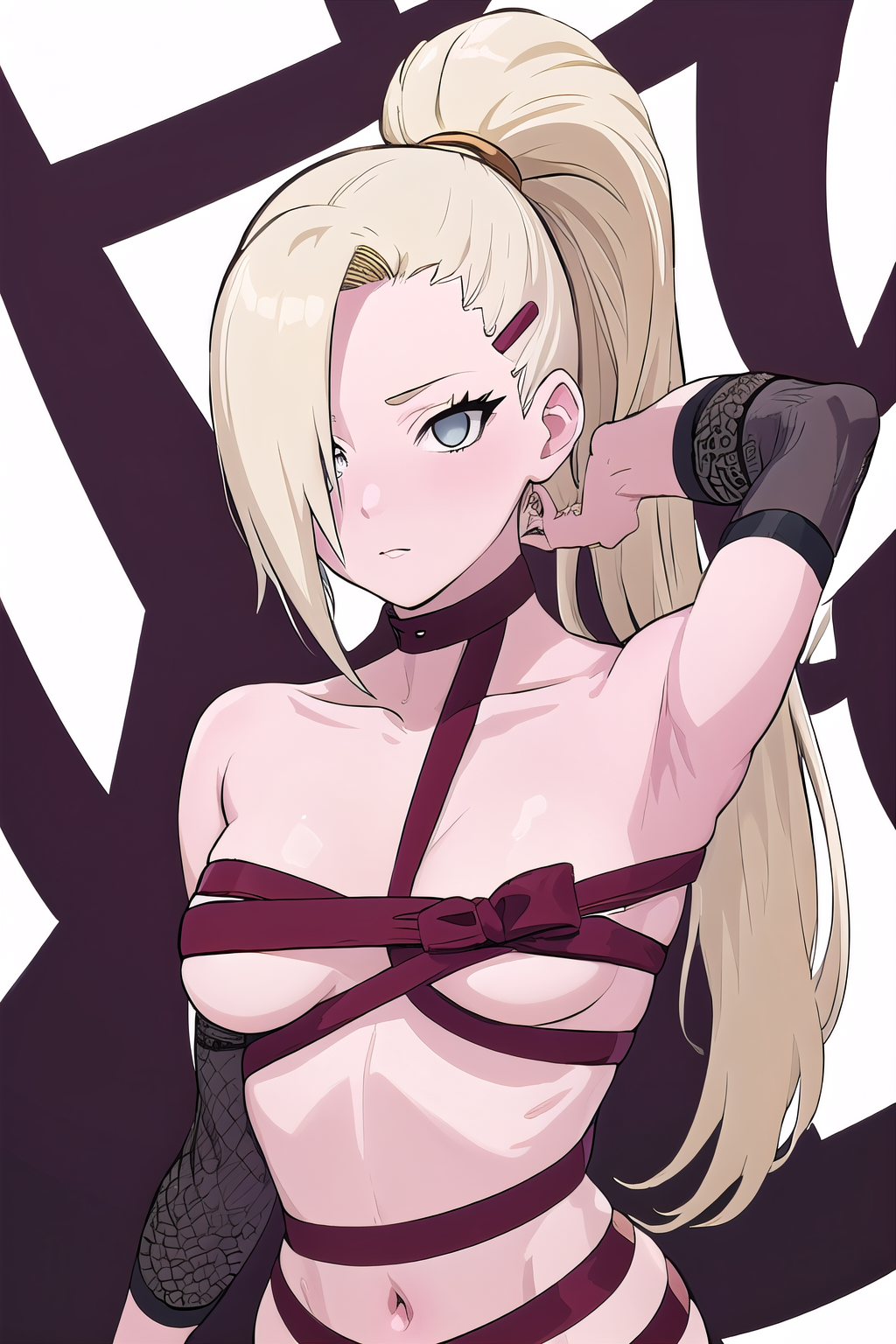 masterpiece, best quality, ultra-high-detailed, 1girl, naked ribbon, yamanaka ino, hair over one eye, ponytail, hairclip