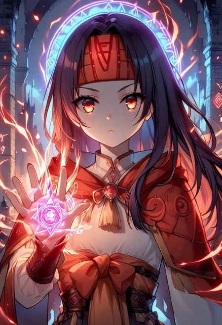 score_9,score_8_up,score_7_up, source_anime, 
Cowboy shot, conjuring magic,glowneon,glowing,
sparks,lightning,c0l0urgl0w,
1girl, solo, confident, sanaki, headband, indoors, castle, petite, small breast, portrait, upper body, close mouth,Her outfit glows with red runes. glowing magic runes in the air,Glowing Rune Circle,