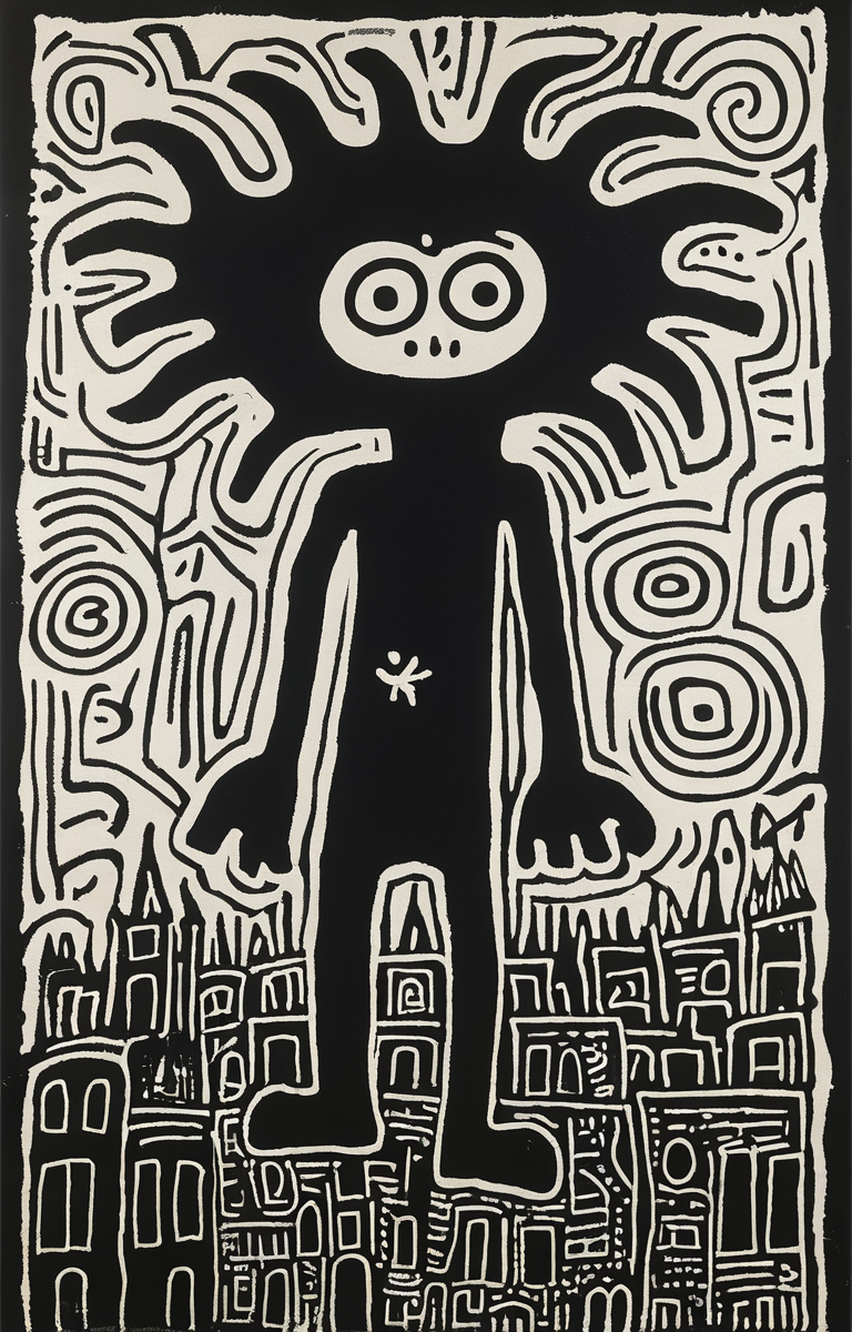 masterpiece,best quality,<lora:tbh164-sdxl:0.9>,illustration,style of Keith Haring, Nazgul over sleeping town