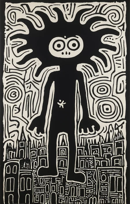 masterpiece,best quality,<lora:tbh164-sdxl:0.9>,illustration,style of Keith Haring, Nazgul over sleeping town