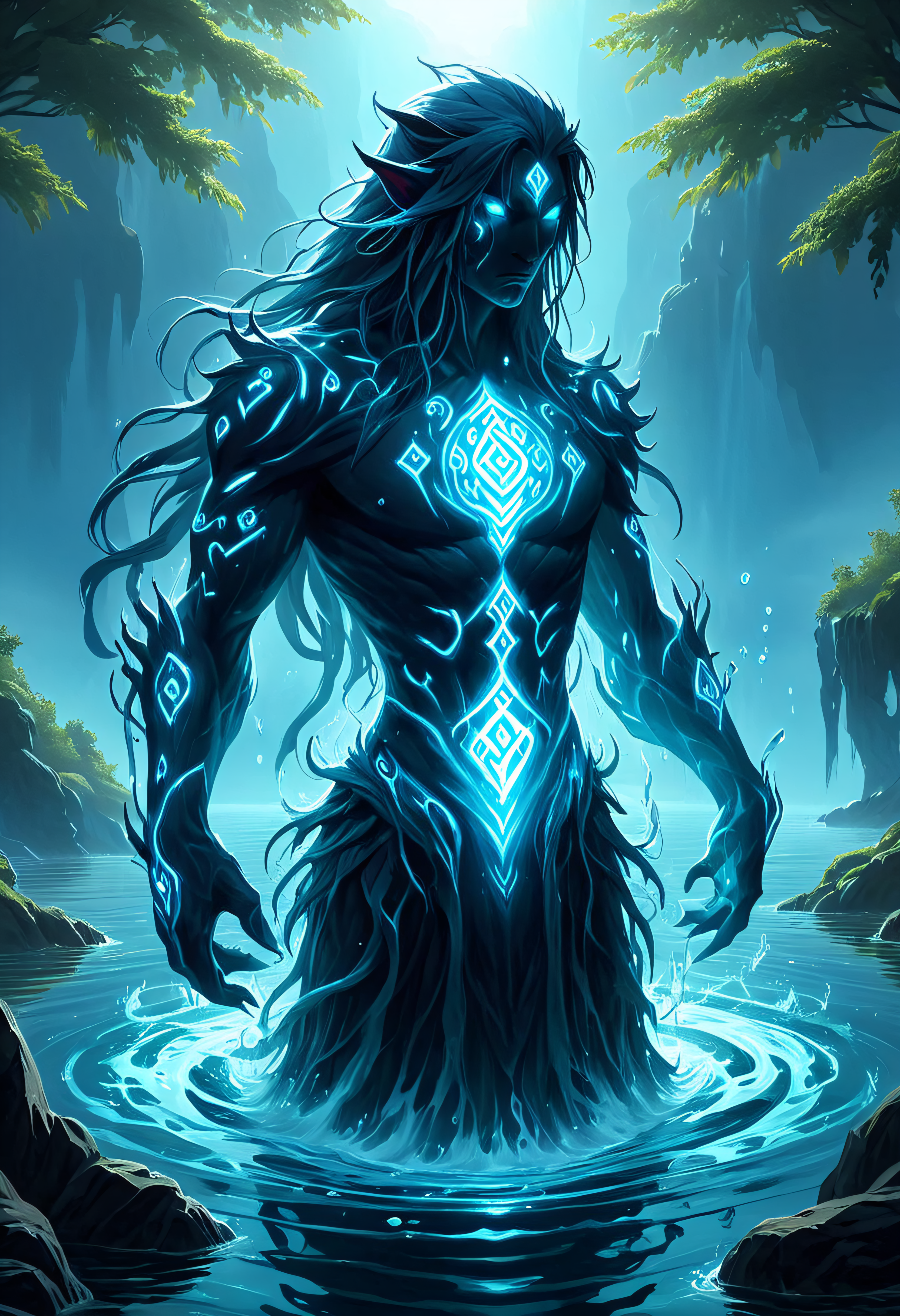 Glowing Runes, a water elemental, concept art, lake background