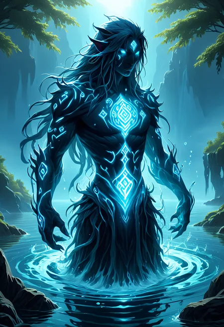 Glowing Runes, a water elemental, concept art, lake background