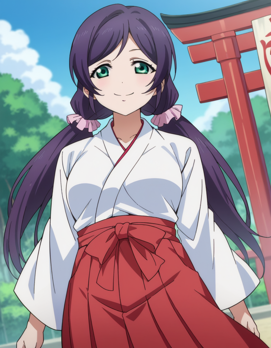 score_9, score_8_up, score_7_up, source_anime,
nozomitoujou, <lora:nozomi-toujou-ponyxl-lora-nochekaiser:1>
nozomi toujou, green eyes, purple hair, twintails, low twintails, scrunchie, long hair, smile,
hakama, hakama skirt, japanese clothes, miko, red hakama, long sleeves,
outdoors, shrine,
looking at viewer, cowboy shot, dutch angle,
