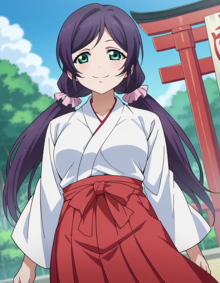 score_9, score_8_up, score_7_up, source_anime,
nozomitoujou, <lora:nozomi-toujou-ponyxl-lora-nochekaiser:1>
nozomi toujou, green eyes, purple hair, twintails, low twintails, scrunchie, long hair, smile,
hakama, hakama skirt, japanese clothes, miko, red hakama, long sleeves,
outdoors, shrine,
looking at viewer, cowboy shot, dutch angle,