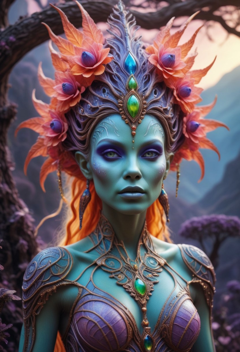 best quality, reality-shot, realism, realistic photography of a fantastical Alien Goddess with whimsical elements, magical fairytale landscape, elaborate fantasy style art, intricate details, ultra sharp, exquisite detail, flawless composition, vivid colors, masterpiece, exciting background