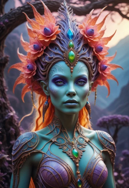 best quality, reality-shot, realism, realistic photography of a fantastical Alien Goddess with whimsical elements, magical fairytale landscape, elaborate fantasy style art, intricate details, ultra sharp, exquisite detail, flawless composition, vivid colors, masterpiece, exciting background