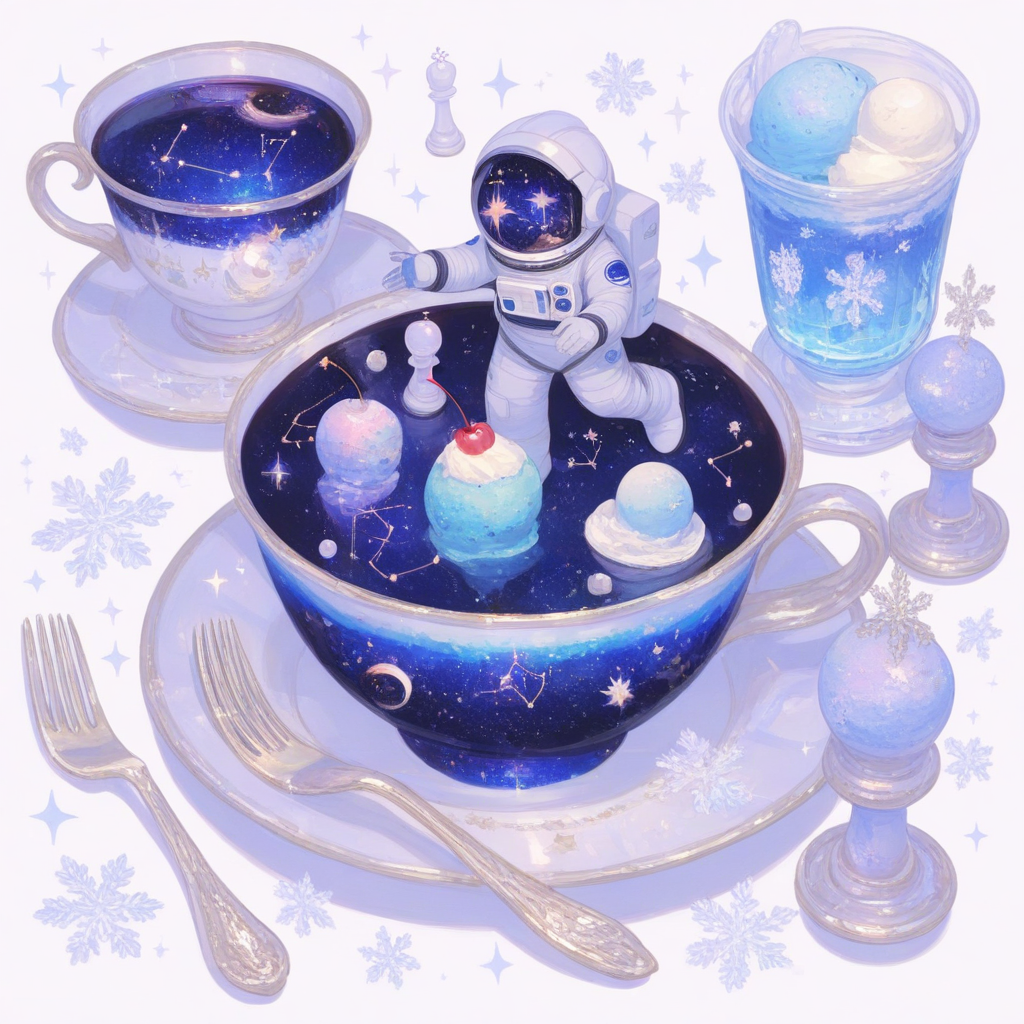 fork, ice cream, constellation, star (sky), cream, dreamy coloring, spacesuit, tea, white background, snowflakes, drink, sparkle, dessert, food, chess piece, teacup, ice, cherry