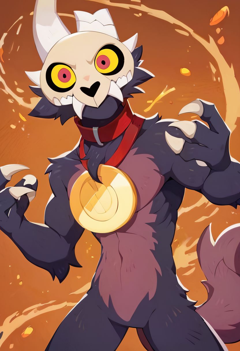 score_9, score_8_up, score_7_up, source_anime, 1boy, skull helmet, teeth, colored sclera, red collar with circle pet tag, claws, tail, broken horn, anthro, muscular, AFKJourneyXLP, musical note, epic pose, cynical smile, bright pupils, particles around, splash art, looking at viewer, cowboy shot, dynamic pose, smile, wide shot, solo, dutch angle, detailed background, autumm forest, orange forest, dark colors, orange background, dark background, furry, fireworks, fluffy tail,