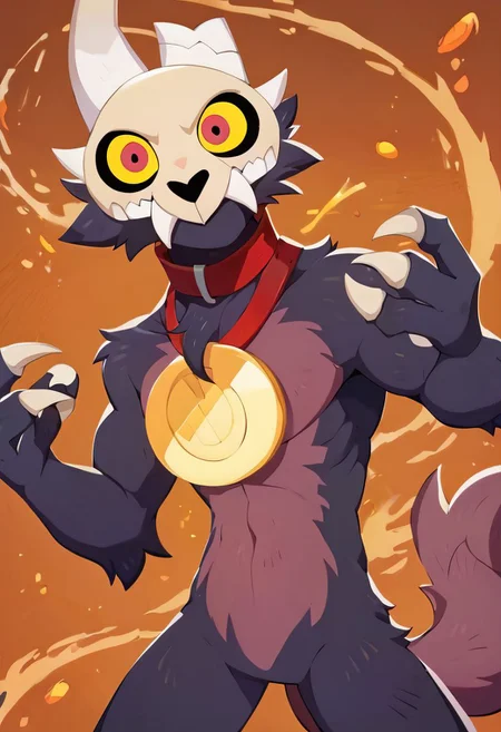 score_9, score_8_up, score_7_up, source_anime, 1boy, skull helmet, teeth, colored sclera, red collar with circle pet tag, claws, tail, broken horn, anthro, muscular, AFKJourneyXLP, musical note, epic pose, cynical smile, bright pupils, particles around, splash art, looking at viewer, cowboy shot, dynamic pose, smile, wide shot, solo, dutch angle, detailed background, autumm forest, orange forest, dark colors, orange background, dark background, furry, fireworks, fluffy tail,