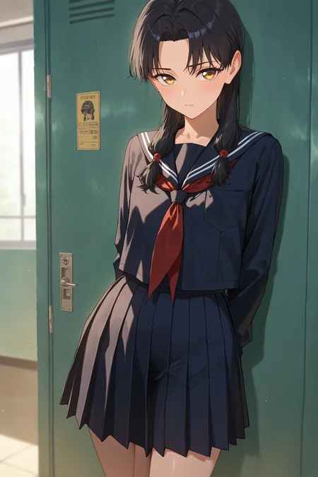 masterpiece, best quality, absurdres, safe,
1girl, iori samura, black hair,
black shirt, serafuku, pleated skirt
<lora:kagurabachi_il_1_d16:1>