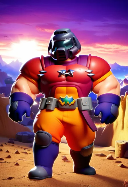,score_9, score_8_up, score_7_up,<lora:brawl_style_1_2_R:0.8>, 1boy, brawl, SFW, bodybuilding, massive pectoral, beefy muscle, thick legs, large pectoral, black man, brawl, doomguy, armor, helmet, bald, Miltary Base Scenery, Cartoon, Brawl Stars, Closeup