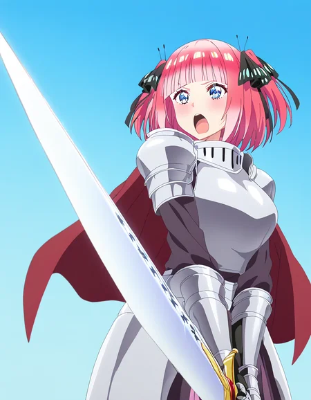 masterpiece, best quality, newest, absurdres, highres, safe,, <lora:nnakano-s2-ponyxl-lora-nochekaiser:1>, short hair, bangs, blue eyes, hair ornament, hair ribbon, pink hair, blunt bangs, two side up, butterfly hair ornament, large breasts, anime screencap,, <lora:sunrise-stance-illustriousxl-lora-nochekaiser:1>, sunrise stance, weapon, sword, solo, open mouth, holding weapon, holding, holding sword, <lora:knight-ponyxl-lora-nochekaiser:1>, knight, armor, cape, shoulder armor, gauntlets, helmet, pauldrons, red cape,, ,