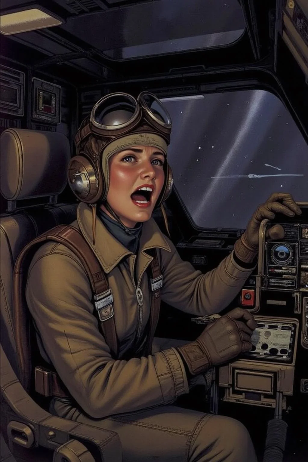sydme1 painting 
A female pilot screaming inside the cockpit of a World War 2 Bomber. The pilot, wearing a vintage leather flight helmet with goggles and a bomber jacket, grips the controls with white-knuckled hands. Her face is contorted in a mix of fear and determination as she yells, her eyes wide with adrenaline. The cockpit is cramped and filled with old-fashioned dials and gauges, with the outside view showing dark star field.  <lora:sydme6_cap_d6a3:1.0><lora:811009264513512336:0>