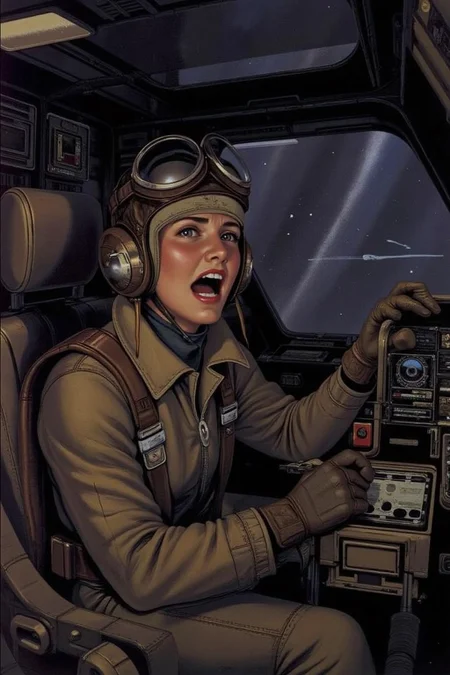 sydme1 painting
A female pilot screaming inside the cockpit of a World War 2 Bomber. The pilot, wearing a vintage leather flight helmet with goggles and a bomber jacket, grips the controls with white-knuckled hands. Her face is contorted in a mix of fear and determination as she yells, her eyes wide with adrenaline. The cockpit is cramped and filled with old-fashioned dials and gauges, with the outside view showing dark star field. <lora:sydme6_cap_d6a3:1.0><lora:811009264513512336:0>