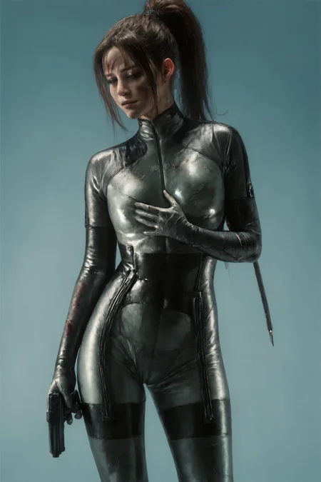 score_9, score_8_up, score_7_up, score_6_up, Solo, (1girl, ponytail), (Detailed face), detailed hands, (holding pistol, wounded), loocking at viver, wearing torn bodysuit, (portrtait), (detailed suit texture), <lora:BB_Corps_Suit:0.8> <lora:Perfect Hands:1> <lora:Sakimi:1>