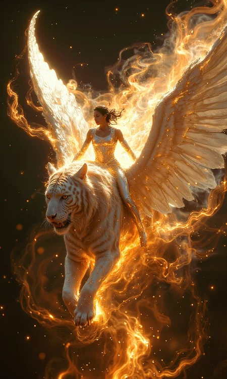 Stills from the fantasy film show a sexy woman in a tight white combat suit riding on the back of a white tiger with huge wings, flying in the air, followed by dynamic and dreamy flames, and the whole picture exudes the surreal and dreamlike quality typical of fantasy films.<lora:flux1-D\flux.1_lora_flyway_Epic-detail_v2:1.0> <lora:flux1-D\Aura_Flux-000010.safetensors:0.8:0.8>