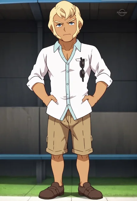 safe_pos, score_9, score_8_up, rating_nsfw, ultra hd, absurdres, best quality, masterpiece, detailed linework, masculine, manly, solo, 1male, male focus, best anatomy, best eyes, best hands, open eyes, clear eyes, anime screencap, anime screenshot, nsfw, BREAK
full body view, full body angle, looking at viewer, BREAK
InaGOOcean, blonde hair, button-up shirt, eyewear hang, white shirt, sunglasses in shirt pocket, sideburns, khaki shorts