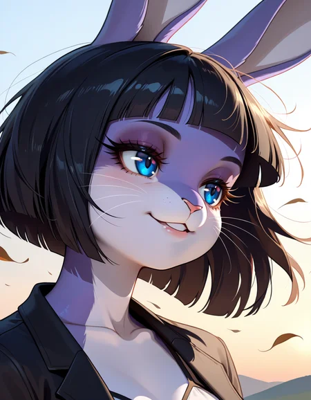 masterpiece, best quality, very aesthetic, absurdres,
outdoors,
upper body, headshot, from side, wind, windy, looking at another,
seductive smile, parted lips, long eyelashes,
<lora:Marlenne_v02_NAIXL:1>
m4rl3nn3,1girl,solo,furry,furry female,rabbit girl,black hair,short hair,blunt bangs,rabbit ears,blue eyes,animal nose,whiskers,body fur,purple fur