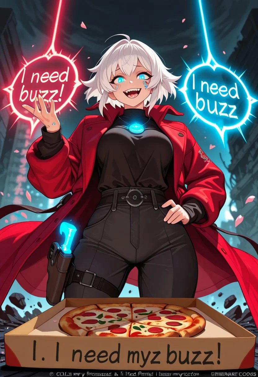 (ULTIMATE STYLE BOMB:1.4), (masterpiece, absurdres:1.5, 8K, Unreal Engine 5),  
1man, [Dante:Devil May Cry:0.95], ICONIC elements:  
- PLATINUM WHITE HAIR swept back,  
- PIERCING BLUE EYES with mischievous glint,  
- SIGNATURE RED TRENCH COAT (dynamic flow:1.3),  
- UNBUTTONED BLACK SHIRT (exposing demonic tattoo),  
- EBONY & IVORY pistols holstered at hips,  
<ACTION FOCUS:  
  - Dominant hand: DEVOURING SLICE OF PEPPERONI PIZZA,  
  - Raised hand: (((pizza box with message "I NEED BUZZ", EMPTY PIZZA BOX with GLOWING NEON TEXT: "FEED MY STYLE! DONATE BUZZ!"))),  
  - MID-AIR KICK shattering demonic crystal,  
  - FOOT STOMP pinning DOWNED DEMON (ooze splatter effects)>,  
AESTHETIC MAYHEM:  
- Rain-drenched URBAN RUINS (Temen-ni-gru silhouette background),  
- Shattered AMULET halves floating near waist (blue glow),  
- Cherry blossom petals mixed with falling debris,  
- CINEMATIC LIGHTING: neon bar sign flickering ("Devil Never Cry"),  
- VOLUMETRIC SMOKE from gunfire/grenades,  
- BLOOD MOON bokeh + electric sparks,  
CHARACTER ESSENCE:  
- SMIRKING with pizza cheese stretch,  
- LAUGHING mid-combat (visible teeth),  
- Slight STRAWBERRY SUNDAE stain on coat collar (anime reference),  
- "SSS RANK" aura glow around body,  
TECH & VIRAL TRIGGERS:  
trending on ArtStation, hyperdetailed fabric wrinkles, subsurface scattering on skin,  
sharp focus on pizza box text, ambient occlusion, depth of field,  
vibrant comic-book colors, dramatic perspective (low angle)