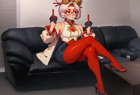 score_9, score_8_up, score_7_up, source_anime, 1girl, casting couch, couch, camera, <lora:CastingCouch_XLPD:0.85>, sitting, <lora:purah-pdxl-nvwls-v1:0.9> purah, hair ornament, red headband, red glasses, sleeveless shirt, white coat, black skirt, red leggings, gloves, high heels, smirk, middle finger, crossed legs,