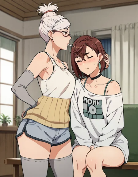 score_9, score_8_up, score_7_up, source_anime, 2girls, indoors, living room, blurry background, BREAK
looking at another, 1girl, seiko ayase, white hair, long hair, tied hair, topknot, semi-rimless eyewear, brown eyes, mature female,
casual outfit, cleavage, collarbone, white tank top, bare shoulders, hugging, smoking, talking, big breasts,
<lora:seiko_ayase_anime_v4-soralz:0.8>
ADDCOL
indoors, window, curtain,
ADDROW
1girl, seiko ayase, white tank top, bare shoulders, grey gloves, fingerless gloves, haramaki, short shorts, grey thighhighs,
ADDCOL
looking at another, embarrassed, 1girl, momo ayase, brown hair, short hair, hair between eyes, asymmetrical bangs, closed eyes, earrings, black choker,
casual outfit, collarbone, bra strap, off-shoulder shirt, white shirt, bare shoulders, long sleeves, leaning on person, head tilt,
sitting,
hand on another's head, headpat,
<lora:momo_ayase_anime_v3-soralz:0.7>