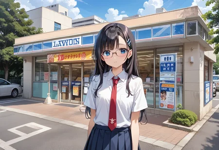 score_9, score_8_up, score_7_up, rating_safe, masterpiece, best quality, absurdres, unity 8k wallpaper, official art, official style, source_anime, uncensored, game cg, megami magazine,
1girl, solo, glasses, black hair, long hair, collared shirt, red necktie, pleated skirt, blue skirt, looking at viewer, blush, upper body,
lawson, konbini, scenery, storefront, scenery, shop, sky, cloud, outdoors, day, real world location, blue sky, building, road, sign, city, tree
<lora:lawson_storefront_PONY_V1:1>
