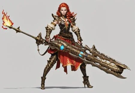 score_9, score_8_up, score_7_up, rating_safe, concept art, semi-realistic, 1girl, solo,
Young beautiful face, fit body,
HHWeapon, Holding weapon, ((Huge weapon)),
Holding weapon with two hands.
Fantasy gun. Flame gun.
Simple background.