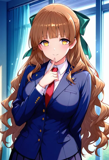 kayoBR, (absurdres, best quality, masterpiece:1.4), amazing quality, highres, newest, detailed, detailed body, detailed face, manga illustration, beautiful,
BREAK
1girl, solo, standing, smile, YuuSBR, yellow eyes, brown hair, blunt bangs, wavy hair, long hair, hair bow, green ribbon,dark blazer, blue jacket, white inner shirt, necktie, pleated skirt