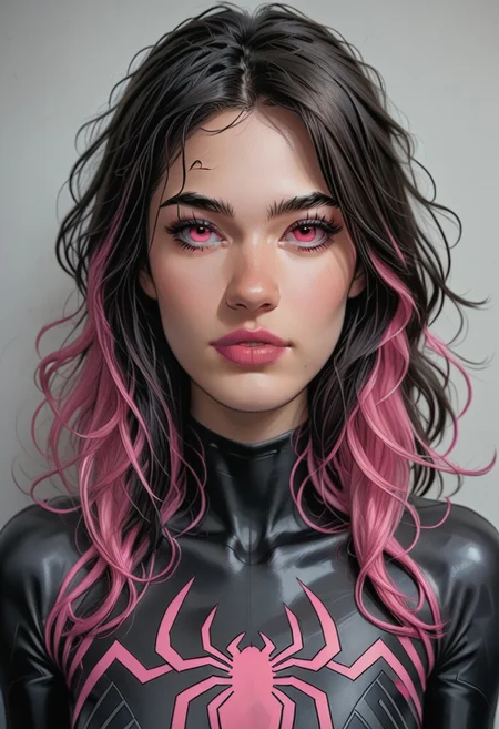 /Spider_Ayane/, pink lipstick, long black hair, pink hair highlights, medium breasts, portrait, black bodysuit with pink spider print, looking at viewer, puty lips, pink eyes