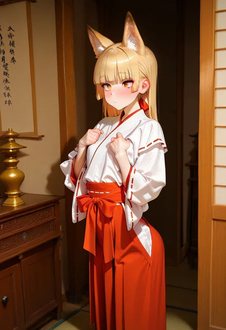 masterpiece,best quality,amazing quality,very aesthetic,absurdres,newest,score_9_up,(score_8_up),score_7_up,detailed face,detailed eyes,Highest Quality,perfect eyes,ultra-detailed,amazing quality,very aesthetic,perfect composition,intricate details,absurdres,NSFW,1girl,fox girl,animal ear,miko outfit,hakama, red hakama,long hair,gold hair,hime cut,room,high quality,best quality, amazing quality,
absurdres, very aesthetic, newest, HDR, high detail RAW color art,masterpeace,Venus body