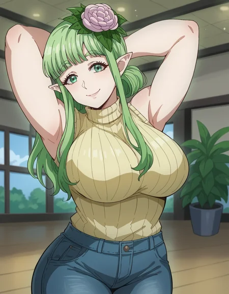 score_9, score_8_up, score_7_up, source_anime, <lora:kusahanada-s1-ponyxl-lora-nochekaiser:1>, kusahanada, large breasts, hair ornament, green eyes, flower, sidelocks, green hair, pointy ears, hair flower,, sleeveless, pants, sweater, turtleneck, denim, ribbed sweater, jeans, sleeveless turtleneck, museum, art exhibit, paintings, observing, quiet contemplation, cultural experience, smile, , hands behind head, smile,, solo,, cowboy shot, dutch angle
