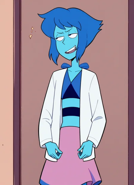 score_9, score_8_up, score_7_up, highly detailed, beautiful Lapis Lazuli, blue skin, flat chest, pink skirt, white jacket, rating_questionable, smug, teeth, source_anime, sustl, BREAK best quality, masterpiece, cartoon, e621, digital_art <lora:Stevenuniverse-style-pdxl-4:1.0>
