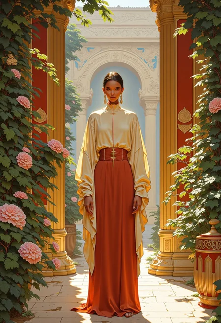The elegant woman wearing (modest temple robes:1.00), faces the viewer from inside the plant covered temple atrium, ornate temple walls behind her, warm, golden light spills around her, evoking the nostalgic, narrative style of Norman Rockwell, with the added dynamism of Syd Mead's industrial futurism and the whimsical, dreamlike quality of Hayao Miyazaki's animated worlds, cyberpunk