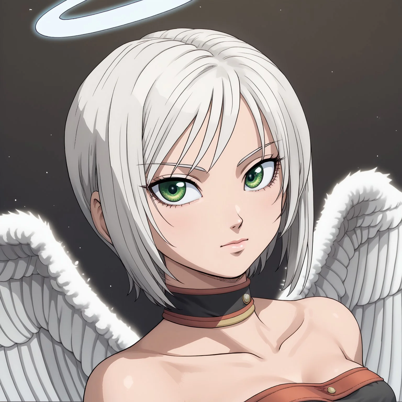 PavoDQ, angel, green eyes, white hair, short hair, halo, wings, choker, black top, elbow gloves, belt, skirt, waist cape, thighhighs, full body, sakimichan, homare, (masterpiece, beautiful art, beautiful eyes, beautiful face, delicate artwork), score_9, score_8_up, score_7_up, 1girl,