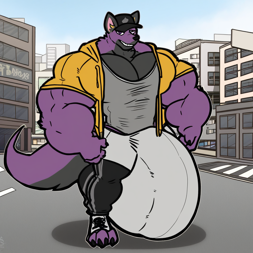 Muscular male, furry, fully clothed, solo, sexually explicit clothes, standing, outside, city streets, hyper bulge