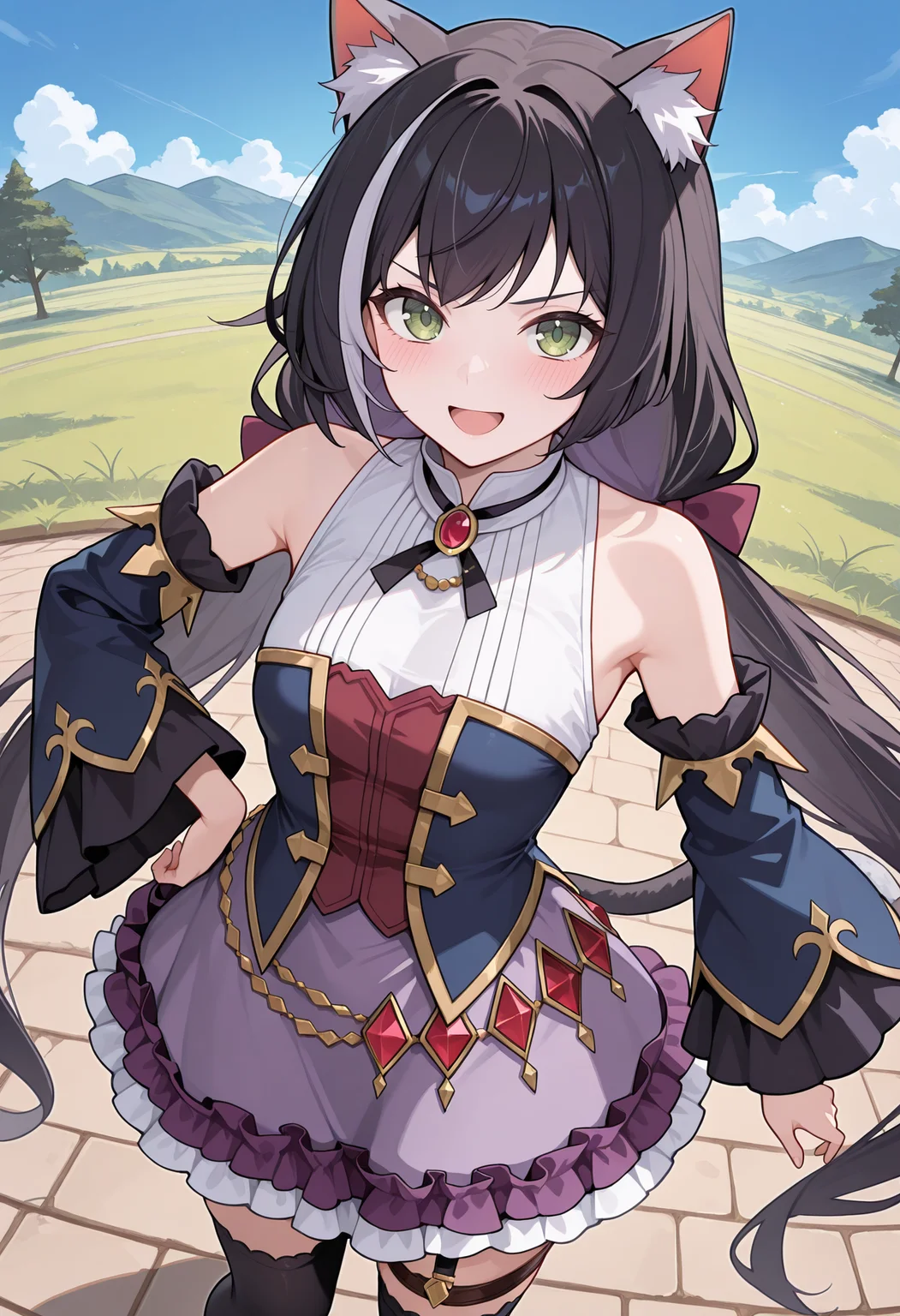 highres, best quality, masterpiece, outdoors, blue sky, fisheye,
1girl, solo, pcrcal, black hair, streaked hair, cat ears, animal ear fluff, cat tail, green eyes,
caldef, low twintails, hair bow, necklace, blue bodice, gold trim, sleeveless, white shirt, red shirt, blue sleeves, black sleeves, detached sleeves, neck ribbon, wide sleeves, jewelry, belly chain, red gemstone, light purple skirt, purple skirt, frilled skirt, layered skirt, black frills, white frills, garter strap, thigh strap, black thighhighs,
blush, smile, open mouth, serious, looking at viewer,
from above, standing, hand on own hip,
<lora:_kyaru_pcr-elesico-ilxlC:1>