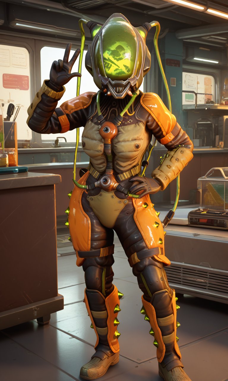 score_9,score_8_up,score_7_up,source_3d,1girl,scaldraflayer, biohazard suit, helmet, green neon glow, wires, orange pauldrons, orange leg protection,v gesture,hand on hip <lora:scaldra flayer:0.8>  <lora:owc-guy-PONYv1:0.8>