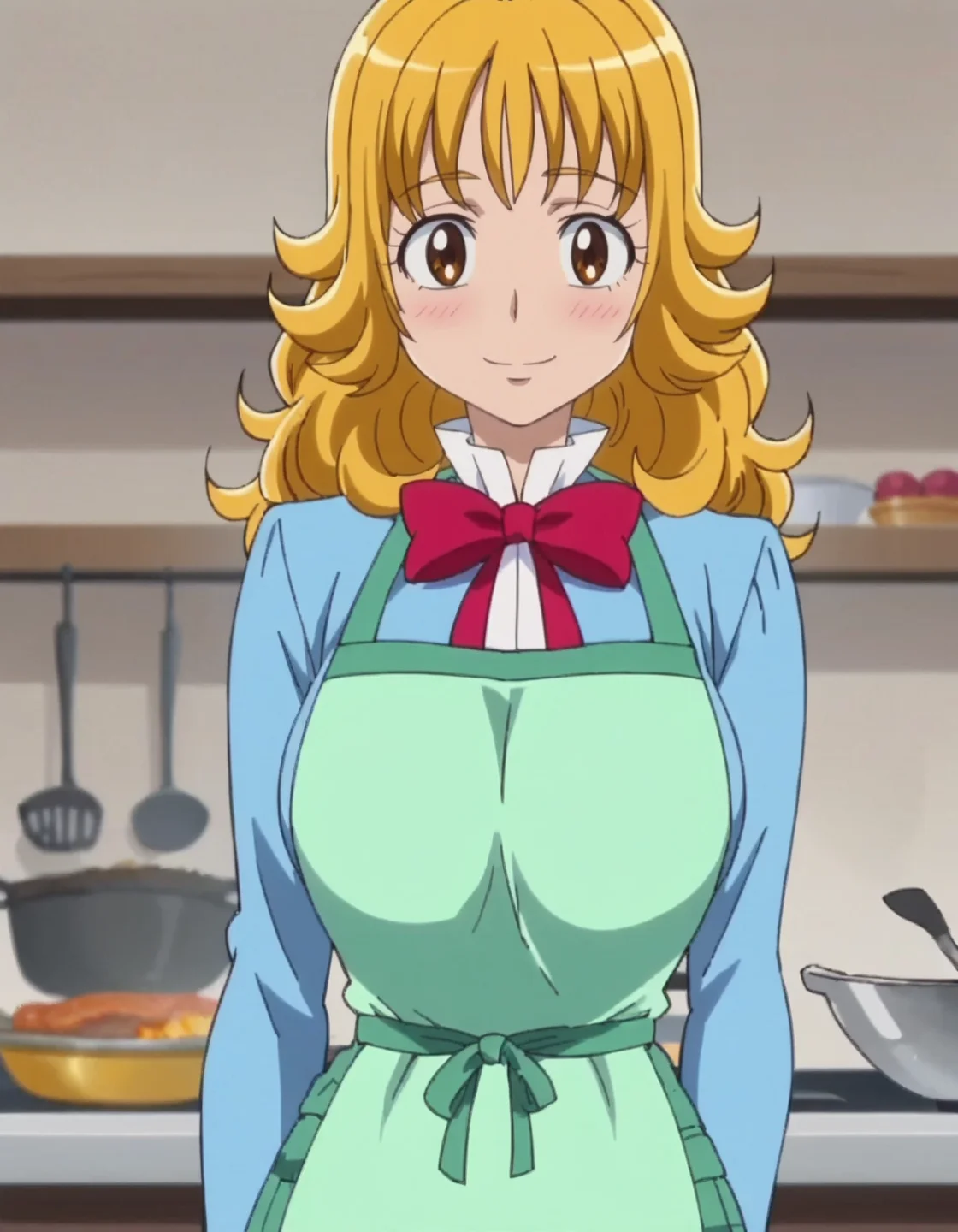 score_9, score_8_up, score_7_up, anime screencap, solo,1girl,higashiyamaseika, school uniform, blue shirt, skirt, shirt, bow, cowboy shot,large breasts,looking st viewer,smile,blush,cooking ,apron<lora:higashiyamaseika:0.8>,