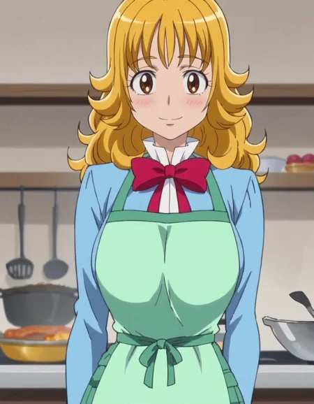 score_9, score_8_up, score_7_up, anime screencap, solo,1girl,higashiyamaseika, school uniform, blue shirt, skirt, shirt, bow, cowboy shot,large breasts,looking st viewer,smile,blush,cooking ,apron<lora:higashiyamaseika:0.8>,