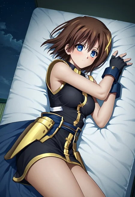 score_9, score_8_up, score_7_up, source_anime, good anatomy, 1girl, solo, HayateYagami, brown hair, short hair, x hair ornament, blue eyes, black dress with gold trim, short dress, fingerless gloves, bare shoulders, bare legs, no corset, night sky, lying, on side, panting, blushing, (((no waist cape, no corset, no faulds)))