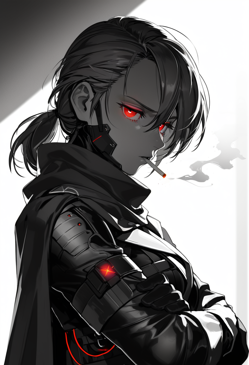 embedding:lazypos, solo, 1guy, snake (metal gear), red glowing eyes, eye lines, empty eyes, half-closed eyes, annoyed, smoking cigarette, blowing smoke, close-up portrait, hair between eyes long sleeves, dress, scarf, cape, spot color, shaded face, black and white, from side, dynamic angle, looking at viewer, crossed arms <lora:TrendCraft_The_Peoples_Style_Detailer-v1.0A-3_13_2025-NoobVPRED:0.1>