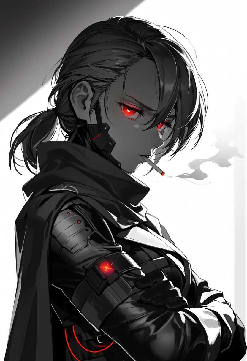 embedding:lazypos, solo, 1guy, snake (metal gear), red glowing eyes, eye lines, empty eyes, half-closed eyes, annoyed, smoking cigarette, blowing smoke, close-up portrait, hair between eyes long sleeves, dress, scarf, cape, spot color, shaded face, black and white, from side, dynamic angle, looking at viewer, crossed arms <lora:TrendCraft_The_Peoples_Style_Detailer-v1.0A-3_13_2025-NoobVPRED:0.1>